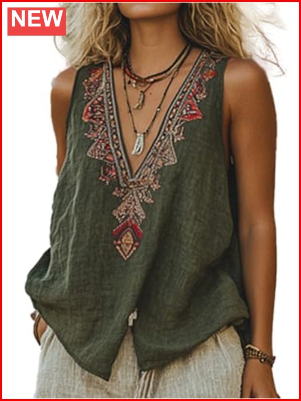 Embroidered Floral V-Neck Sleeveless Boho Tank Top